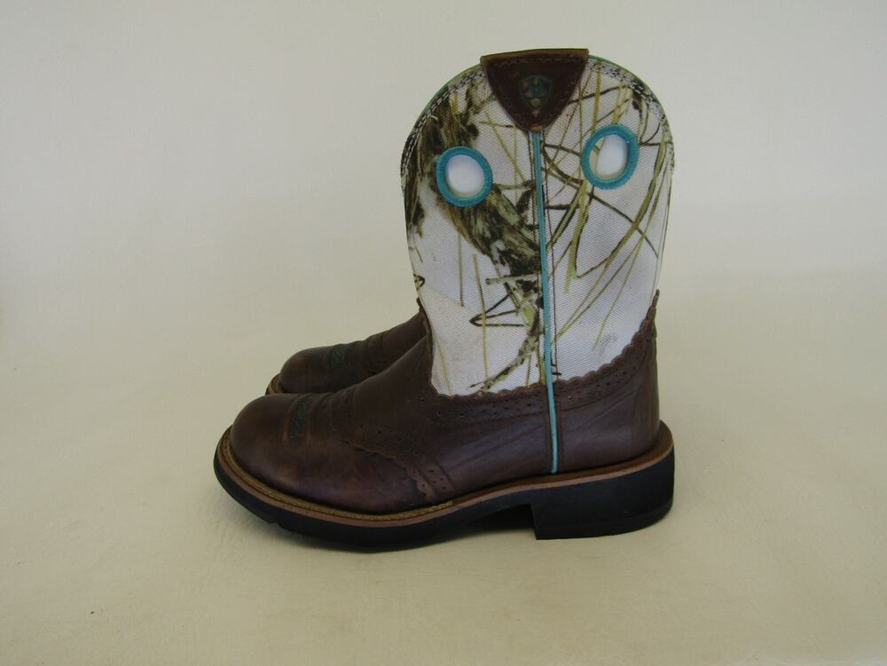 Ariat Fatbaby Womens Sz 6.5 B White Brown Leather Stockman Cowboy Western Boots